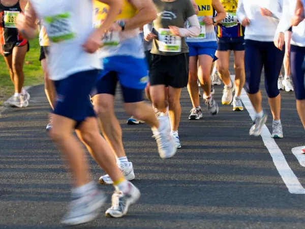 A large group of runners running on road.