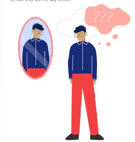 Illustration of a man with a blue shirt and red trousers looking in the mirror with a speech bubble above him and question marks inside the bubble