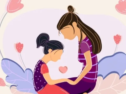 Illustration of a older sister and younger sister kneeling down and holding hands 