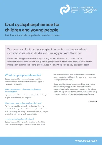 Front cover for factsheet - Oral cyclophosphamide for children and young people