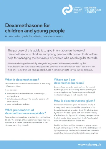 Front cover for factsheet - Dexamethasone for children and young people