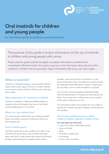 Front cover for factsheet - Oral imatinib for children and young people