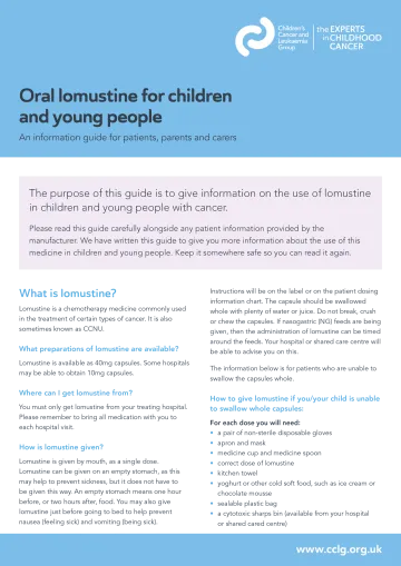 Front cover for factsheet - Oral lomustine for children and young people