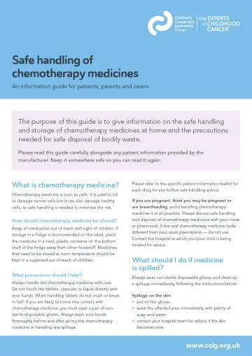 Front cover for factsheet - Safe handling of chemotherapy medicines