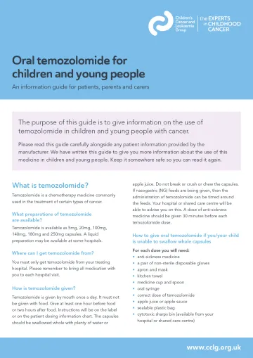 Front cover for 'Oral temozolomide for children and young people' factsheet