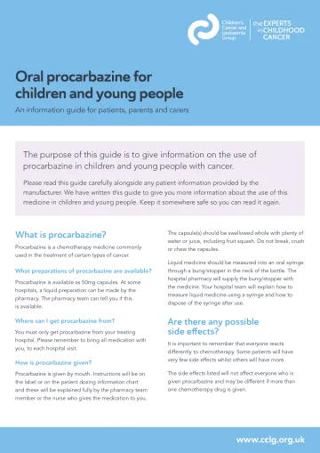 Front cover for factsheet - Oral procarbazine for children and young people