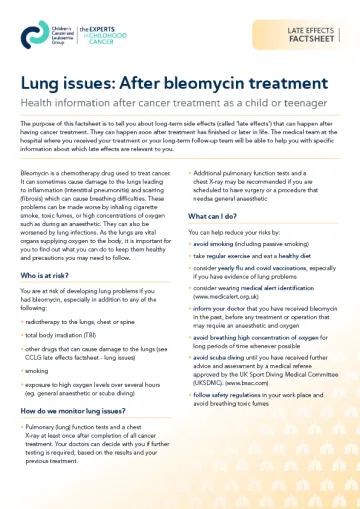 Front cover for late effects factsheet - Lung issues after bleomycin treatment