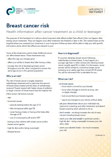 Front cover for late effects factsheet - Breast cancer risk