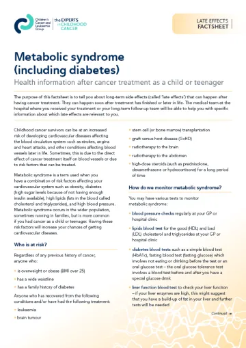 Front cover for late effects factsheet - Metabolic syndrome