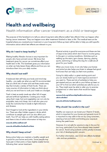 Front cover for late effects factsheet - Health and wellbeing