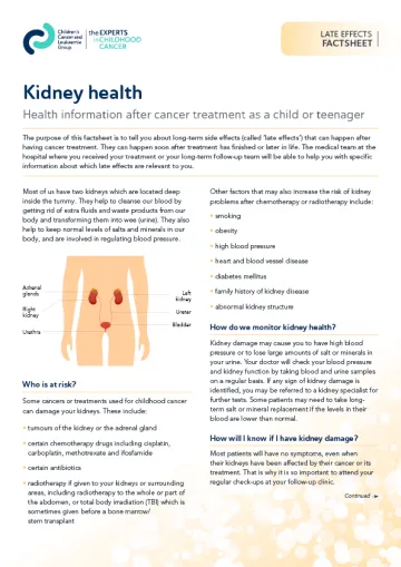 Front cover for late effects factsheet - Kidney health