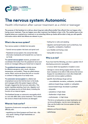 Front cover for late effects factsheet - The nervous system