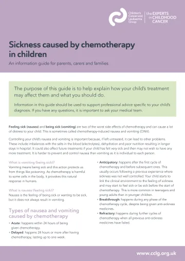 Front cover for factsheet - Sickness caused by chemotherapy