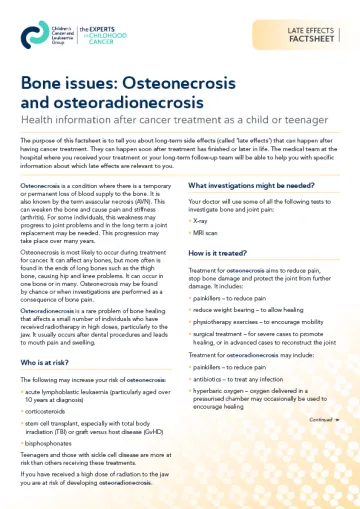 Front cover for late effects factsheet - Bone issues: osteonecrosis and osteiradionecrosis