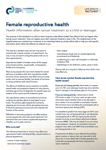 Front cover for late effects factsheet - female reproductive health