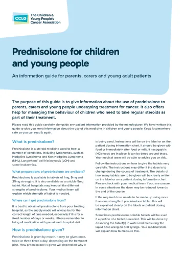 Front cover for drug fact sheet 'Prednisolone'