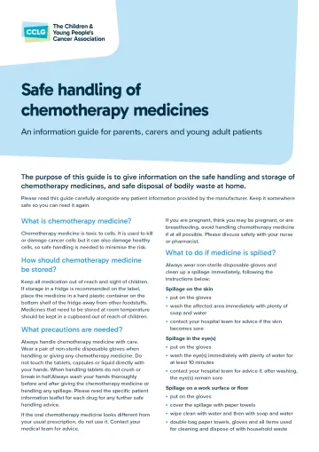 Front cover for drug factsheet 'Safe handling of chemotherapy'
