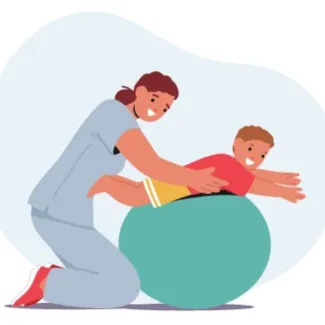 Drawing of a woman holding a young child over a teal yoga ball both are smiling 