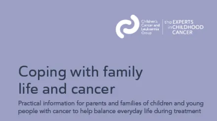 Image shows the front cover of the booklet Coping with family life and cancer - practical information for paretns and families of children and young people with cancer to help balance everyday life during treatment. The cover has a lilac background with a simple illustration of a family of two adults and two children depicted beneath a roof.