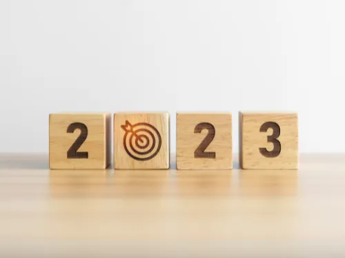 Wooden blocks showing the numbers 2023