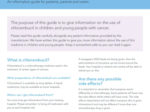 Front cover for factsheet - Oral chlorambucil for children and young people