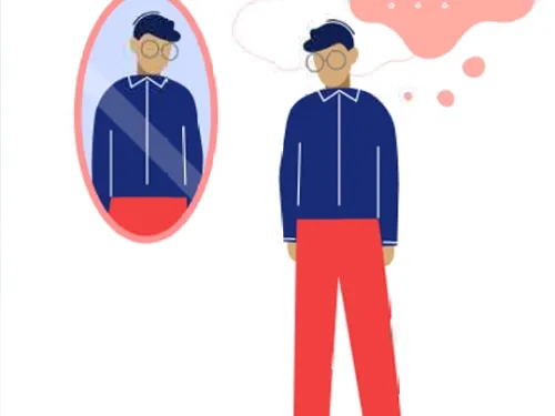 Illustration of a man with a blue shirt and red trousers looking in the mirror with a speech bubble above him and question marks inside the bubble